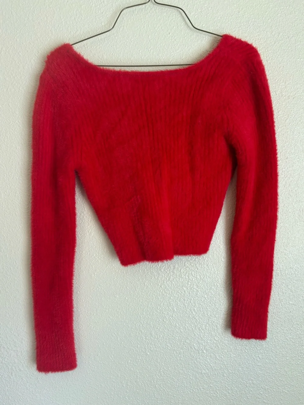 No Boundaries Red Fuzzy Off-Shoulder Sweater